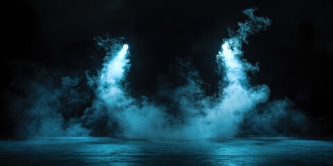 Wide-angle perspective of ethereal smoke floating on concert stage, blue and white crossing spotlights, pitch black background, stage floor monitors