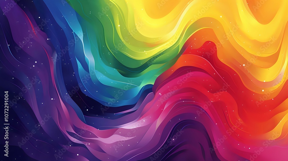Poster dynamic waves in vibrant rainbow spectrum flowing from deep purple to bright red, creating fluid mot