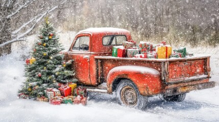 Vintage red truck carrying Christmas gifts and tree in snowy winter landscape