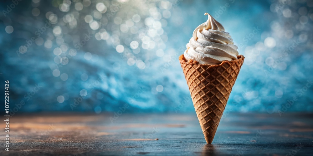 Leinwandbilder a single scoop of vanilla ice cream in a waffle cone on a rustic surface with a blurred blue backgro