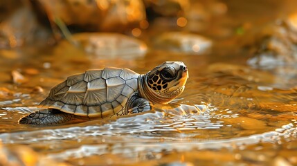 Naklejka premium Baby turtle swimming in golden sunlit water, close-up view showing detailed shell texture and reflection creates natural wildlife photography perfect for conservation themes.