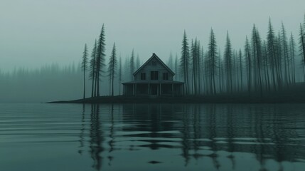 Fototapeta premium Misty lake view with an abandoned house surrounded by tall trees