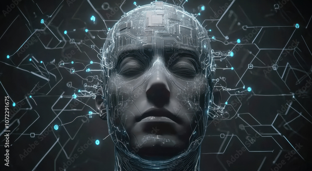 Aufkleber a human head with an artificial intelligence chip implanted in the brain, surrounded by circuit line