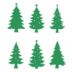 six different types of Christmas trees. All the trees are green in color and have a simple, minimalist design