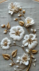 Elegant floral embroidery featuring white blooms with golden leaves and pearl details on neutral linen, perfect for textile art and needlework inspiration.