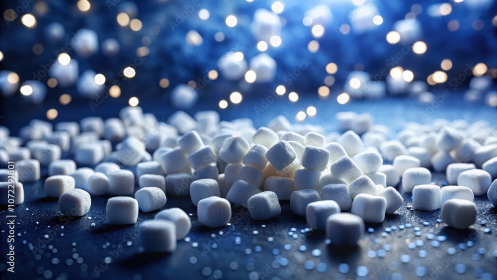 Poster a cluster of soft, white marshmallows scattered on a dark blue background with sparkling lights