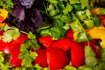 A close-up of a plate with a salad of fresh tomatoes, red bell peppers, and herbs placed on the table next to a campfire in the background. 