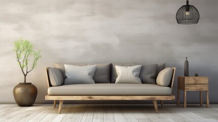 interior design concept sofa with gray upholstery coffee table with wooden surface on beige wall background