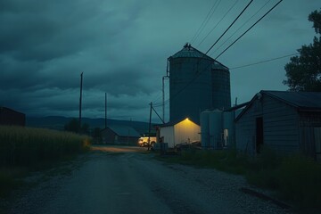 Serene Silos at Dusk with Grain Elevator and Lighting