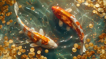 Luminous koi fish swimming among golden coins underwater. Feng shui inspired artwork perfect for wealth manifestation concepts, luxury business branding and prosperity themed marketing materials.