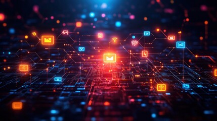 Fototapeta premium Digital network with glowing icons representing communication.