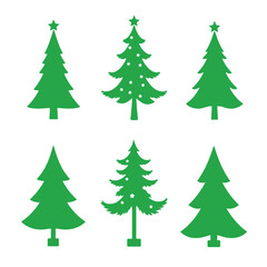 six different types of Christmas trees. All the trees are green in color and have a simple, minimalist design