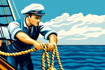 Fototapeta premium Sailor Adjusting Ropes on a Boat Under Sunny Skies