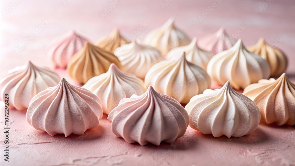 Poster a cluster of delicate meringue cookies, each with its own unique swirl and shade of pink, cream, and