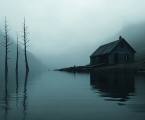 Fototapeta premium Mysterious fog envelops a quiet lakeside cabin at dawn