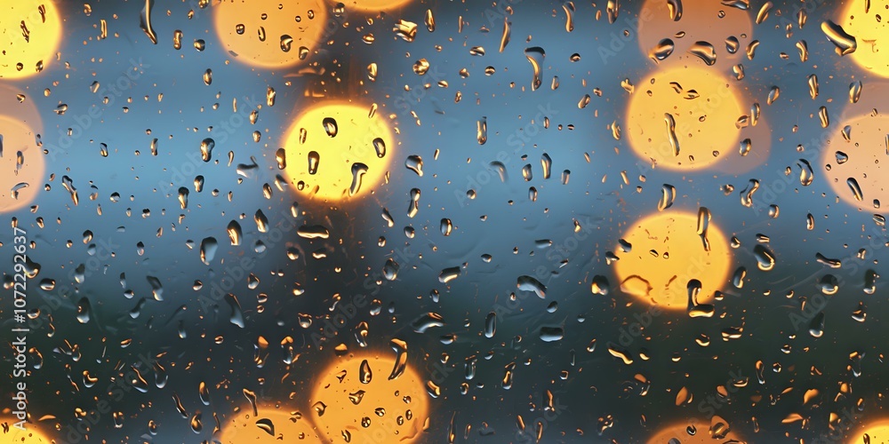 Aufkleber rain drops on window glass with blurred yellow city lights creating atmospheric bokeh effect, perfec