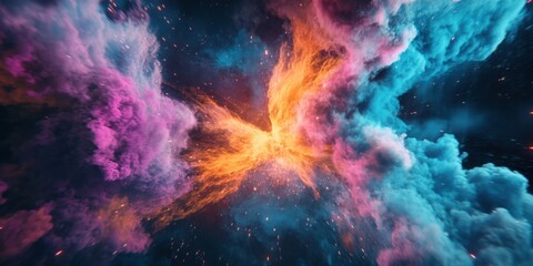 Obraz premium Wide-perspective shot at capturing brilliant aqua, neon orange, and vivid fuchsia smoke explosion, dark matter backdrop, sharp focus on the center with smoke stretching toward the corners of the frame