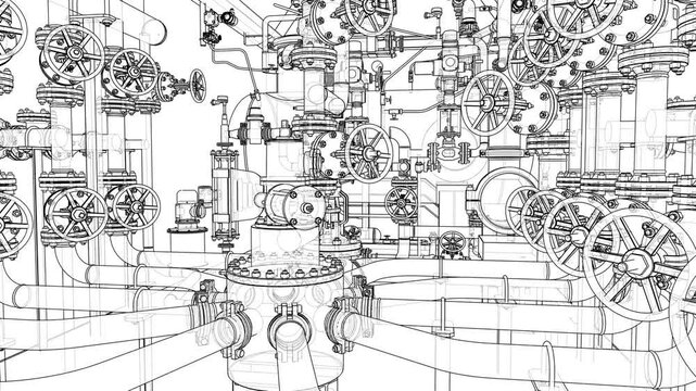 Valves and other industrial equipment. Wire-frame style animation