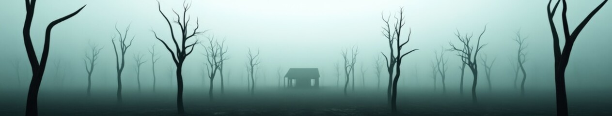 A solitary cabin in a misty forest with bare trees at dusk