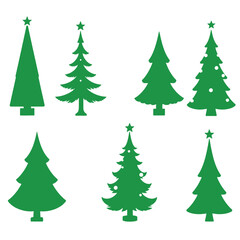 six different types of Christmas trees. All the trees are green in color and have a simple, minimalist design