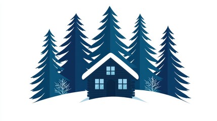 Fototapeta premium Cozy Winter Cabin Surrounded by Tall Evergreen Trees in a Snowy Landscape, Perfect for Holiday or Nature Themes, Ideal for Seasonal Designs and Illustrations