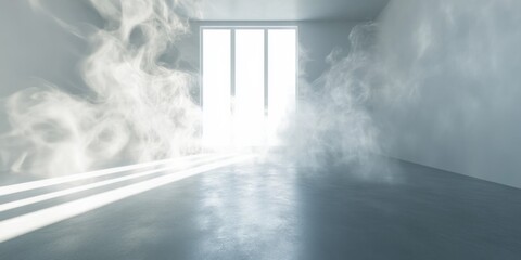 Worm's eye perspective of rising smoke in an all-white infinity room, seamless corners, no visible joints, subtle ambient lighting, minimalist composition, volumetric light scatter