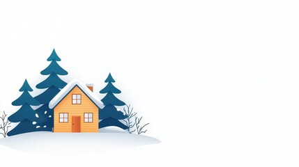Fototapeta premium Cozy Winter Cottage Surrounded by Snowy Trees and Icy Landscape, Perfect for Seasonal Designs and Holiday Themes, Evoking Warmth and Comfort in a Frosty Environment