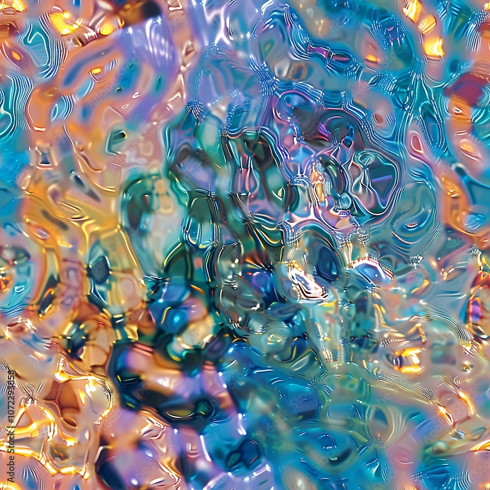 Poster vibrant abstract macro photography with kaleidoscopic swirls of blue, orange and purple creating mes