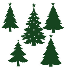six different types of Christmas trees. All the trees are green in color and have a simple, minimalist design