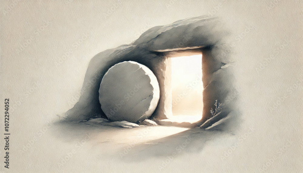 Fototapete The empty tomb, with the stone rolled away. Digital illustration.