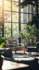 Fototapeta premium Relaxing Indoor Environment with Natural Light and Greenery