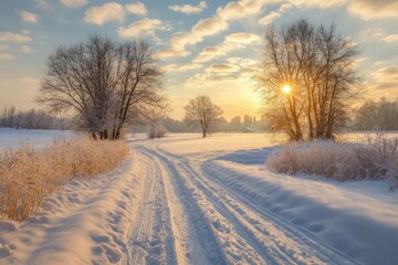 Obraz premium Sunset over a snowy path with frosted trees in a winter landscape