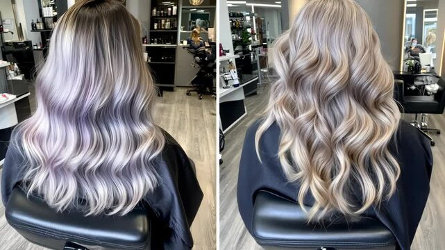A woman sits in a salon chair with her long, wavy hair styled in a silvery blonde color