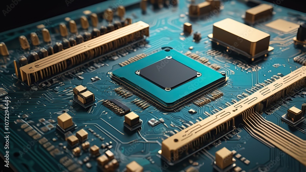 Poster a futuristic printed circuit board with electronic chip components wallpaper, showcasing an intricat