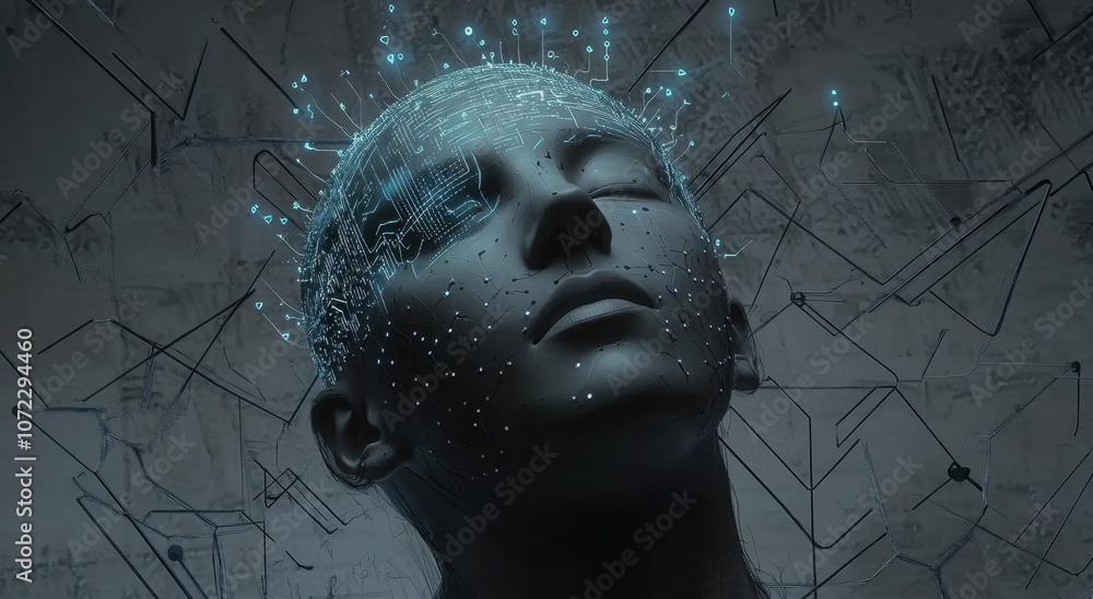 Aufkleber a human head with an artificial intelligence chip implanted in the brain, surrounded by circuit line