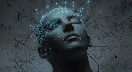 A human head with an artificial intelligence chip implanted in the brain, surrounded by circuit lines and blue dots representing data flowing through it. 