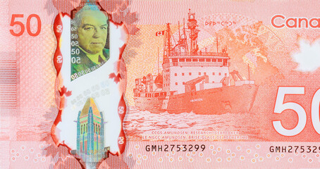 Fifty dollar polymer banknotes issued by Bank of Canada in denominations back view