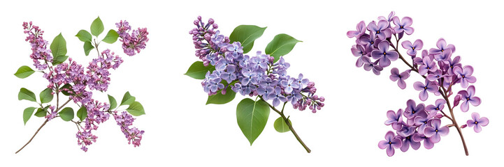 Set of Branch of lilac flowers isolated on a transparent background