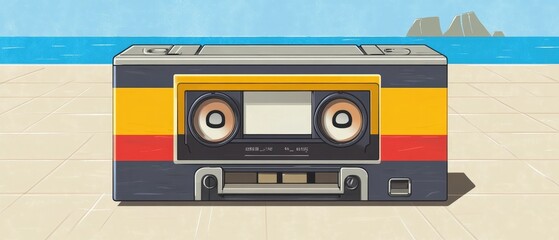 Obraz premium Retro boombox on a beach with ocean and mountains in the background