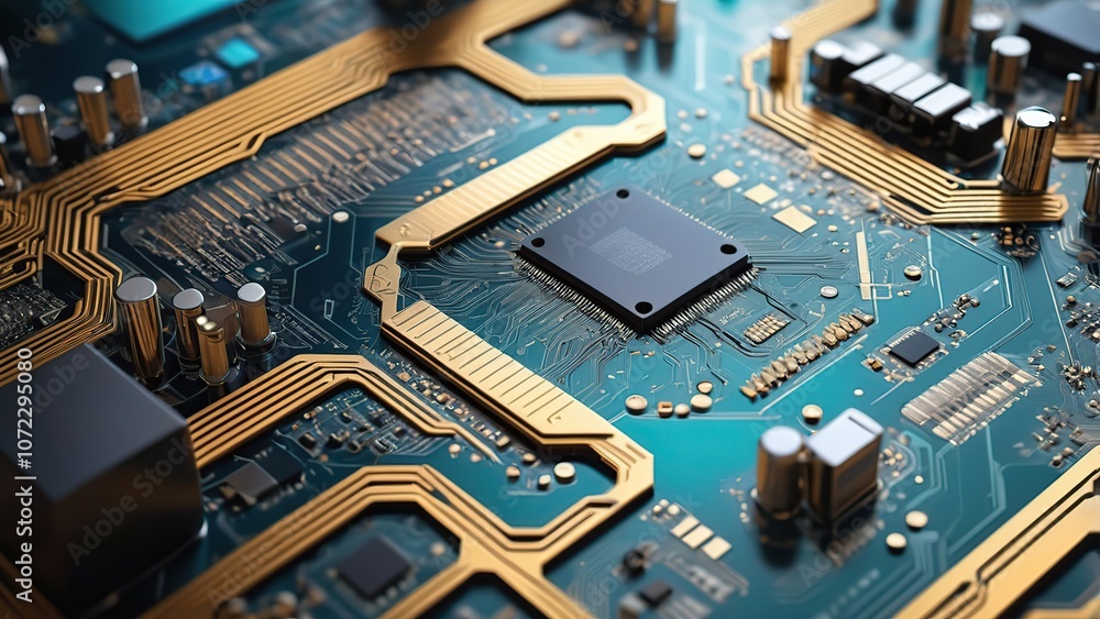Poster a futuristic printed circuit board with electronic chip components wallpaper, showcasing an intricat
