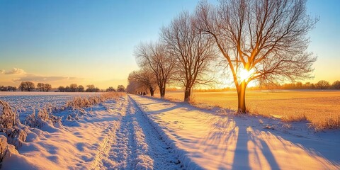 Winter sunset over a snow-covered path lined with trees in a rural area