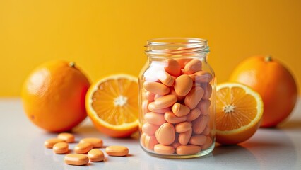 Bright Orange Vitamins in a Jar Surrounded by Fresh Oranges on a Light Surface During Daylight Hours