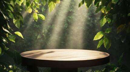 Wooden Tabletop in a Sunlit Forest