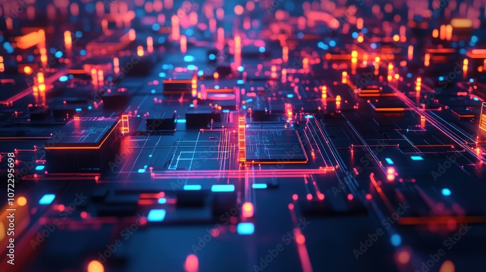 Wall mural Abstract Neon Circuit Board with Glowing Lines and Squares