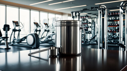 Fototapeta premium container with protein with a ladle on the background of the gym