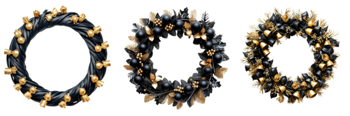 Set of Christma round wreath with golden bells black isolated on a transparent background
