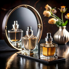 Two elegant perfume bottles placed on a black table