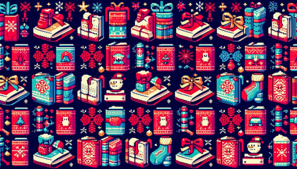 Fototapeta premium Christmas themed 8bit pixel art illustration of gifts pattern
