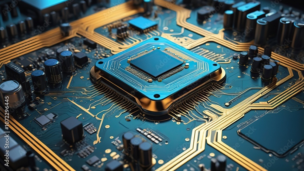 Poster a futuristic printed circuit board with electronic chip components wallpaper, showcasing an intricat