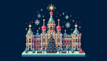 Obraz premium Christmas themed 8bit pixel art illustration of a castle